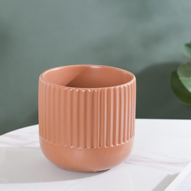 Biscuit Brown Ribbed Flower Pot Small - Flower vase for home decor, office and gifting | Home decoration items