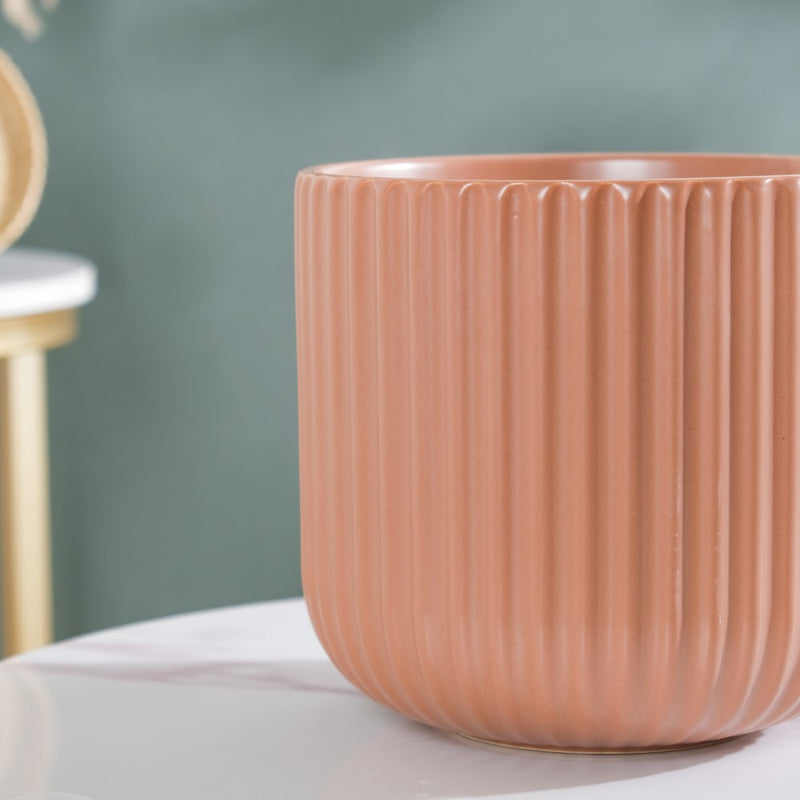 Biscuit Brown Fluted Vase Large - Flower vase for home decor, office and gifting | Home decoration items