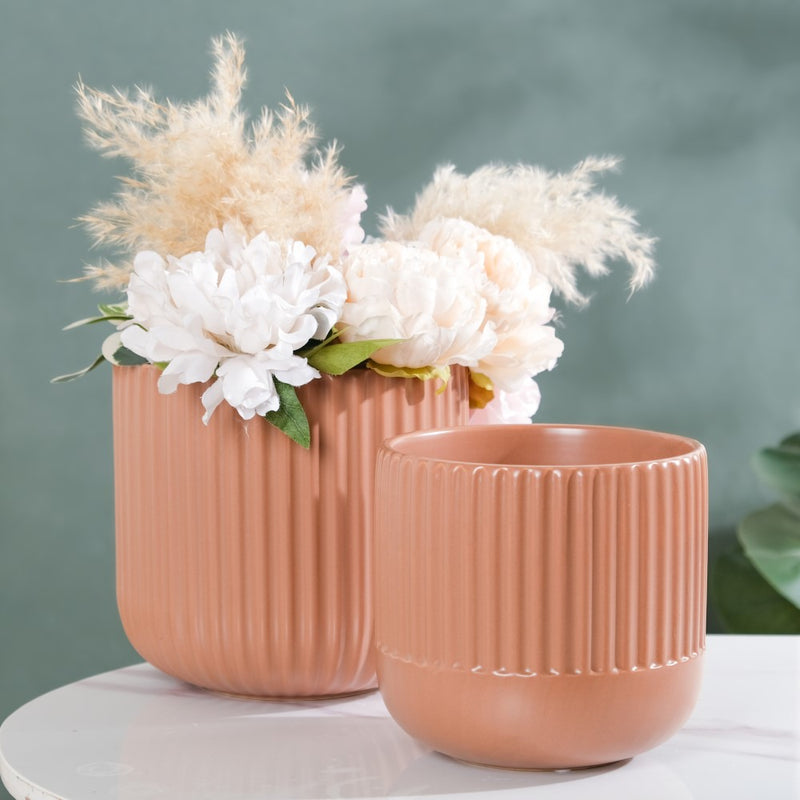 Biscuit Brown Ribbed Flower Pot Small - Flower vase for home decor, office and gifting | Home decoration items
