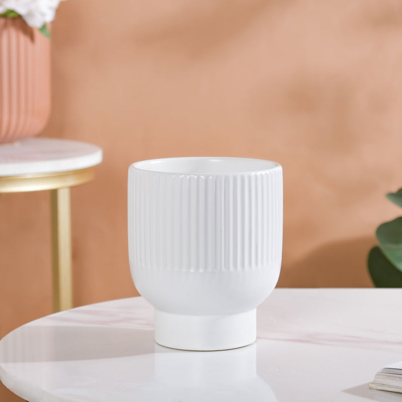 Nordic Ribbed Ceramic White Vase With Stand - Flower vase for home decor, office and gifting | Home decoration items