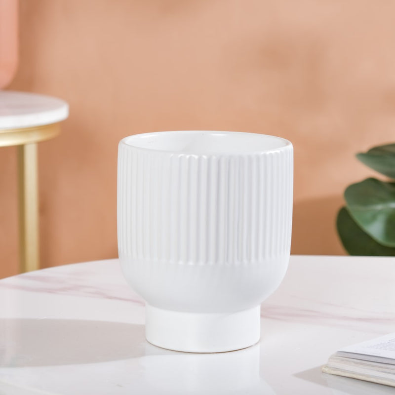 Nordic Ribbed Ceramic White Vase With Stand - Flower vase for home decor, office and gifting | Home decoration items