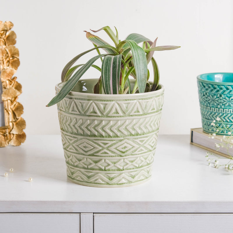 Intricate Texture Sage Green Pot - Plant pot and plant stands | Room decor items