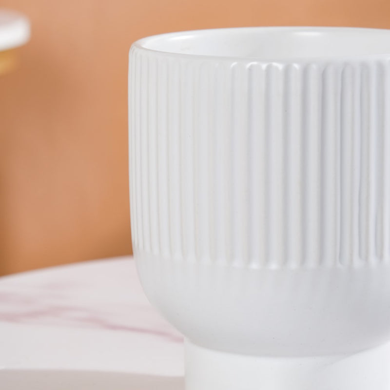 Nordic Ribbed Ceramic White Vase With Stand - Flower vase for home decor, office and gifting | Home decoration items