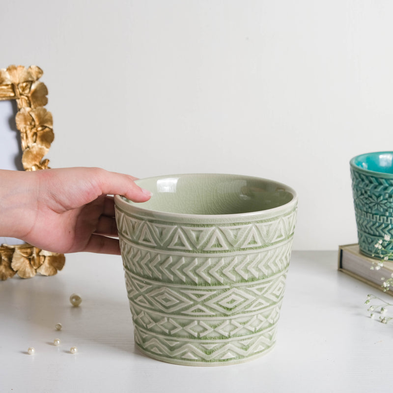 Intricate Texture Sage Green Pot - Plant pot and plant stands | Room decor items
