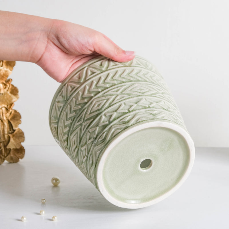 Intricate Texture Sage Green Pot - Plant pot and plant stands | Room decor items