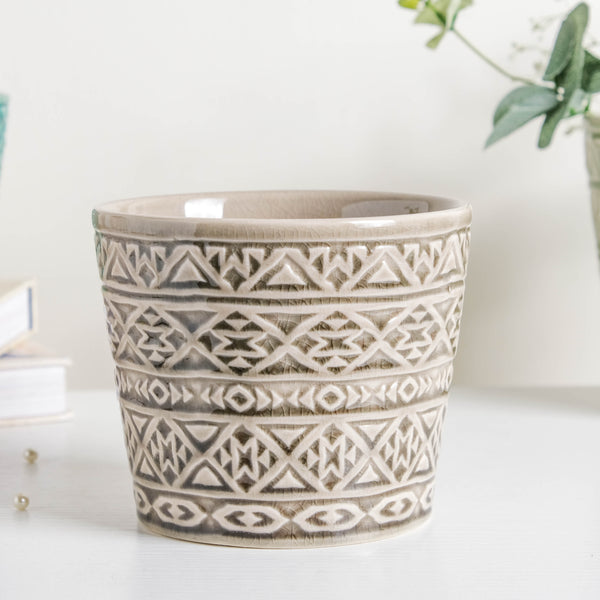 Intricate Texture Grey Pot - Plant pot and plant stands | Room decor items