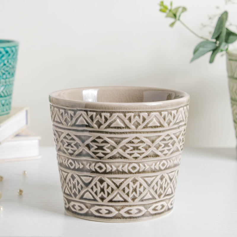 Intricate Texture Grey Pot - Plant pot and plant stands | Room decor items
