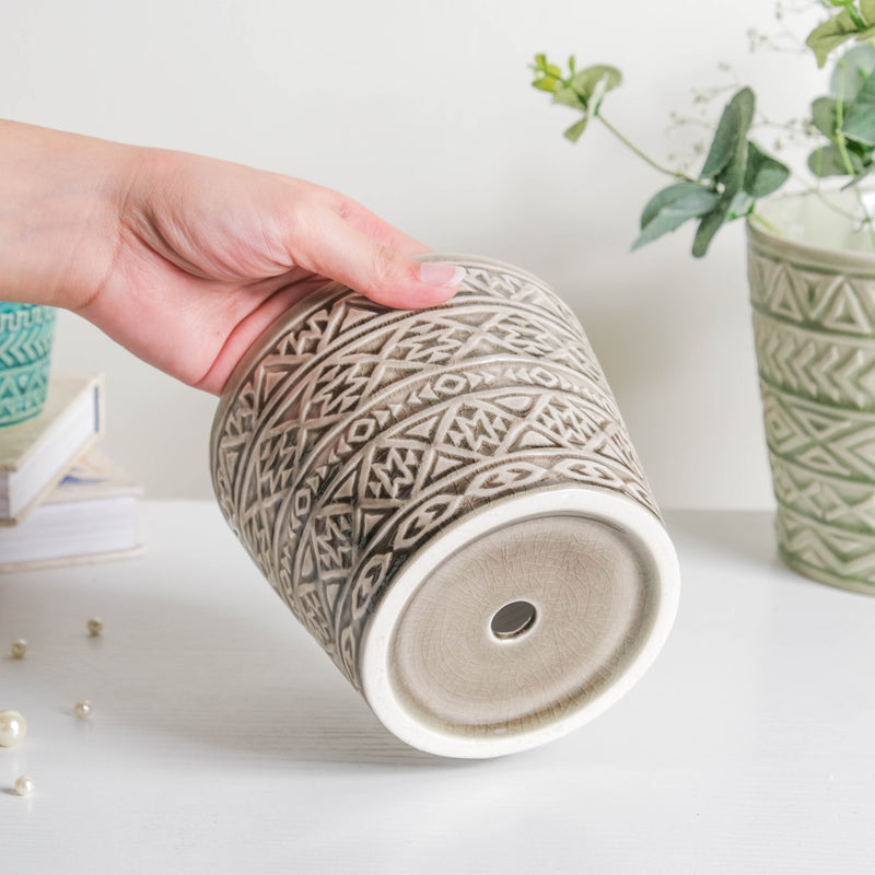 Intricate Texture Grey Pot - Plant pot and plant stands | Room decor items