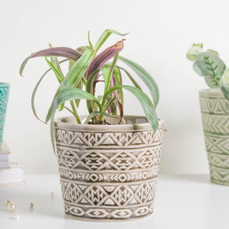 Intricate Texture Grey Pot - Plant pot and plant stands | Room decor items