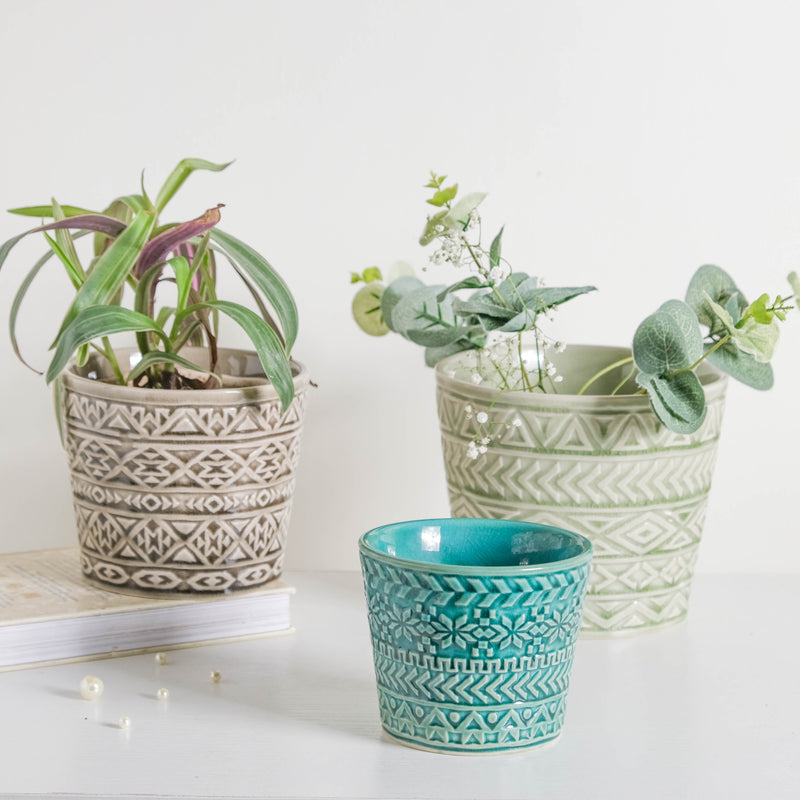 Intricate Texture Sage Green Pot - Plant pot and plant stands | Room decor items