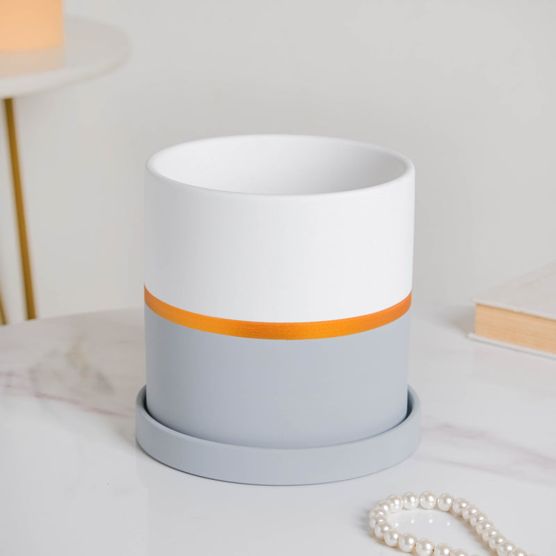 Grey And White Bicolour Pot With Plate - Indoor planters and flower pots | Home decor items