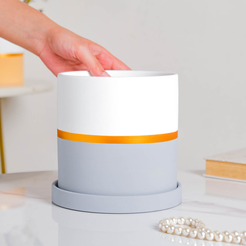 Grey And White Bicolour Pot With Plate - Indoor planters and flower pots | Home decor items