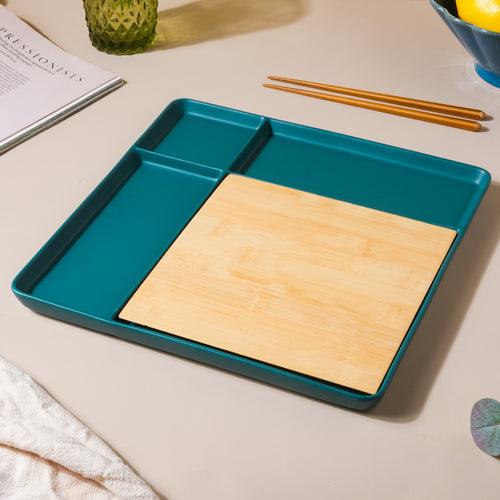Wood and Ceramic Section Platter - Serving plate, snack plate, momo plate, plate with compartment | Plates for dining table & home decor
