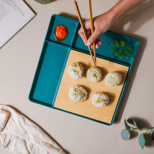 Wood and Ceramic Section Platter - Serving plate, snack plate, momo plate, plate with compartment | Plates for dining table & home decor