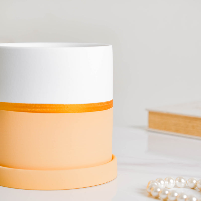 Orange And White Bicolour Pot With Plate - Indoor plant pots and flower pots | Home decoration items