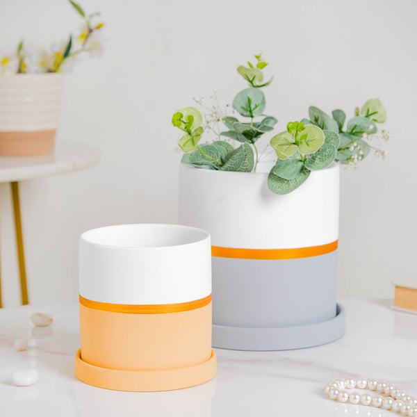 Orange And White Bicolour Pot With Plate - Indoor plant pots and flower pots | Home decoration items