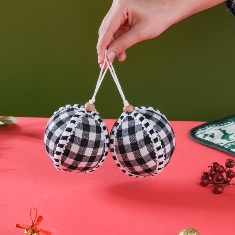 Plaid Christmas Ball Ornament Set Of 2 - Showpiece | Home decor item | Room decoration item