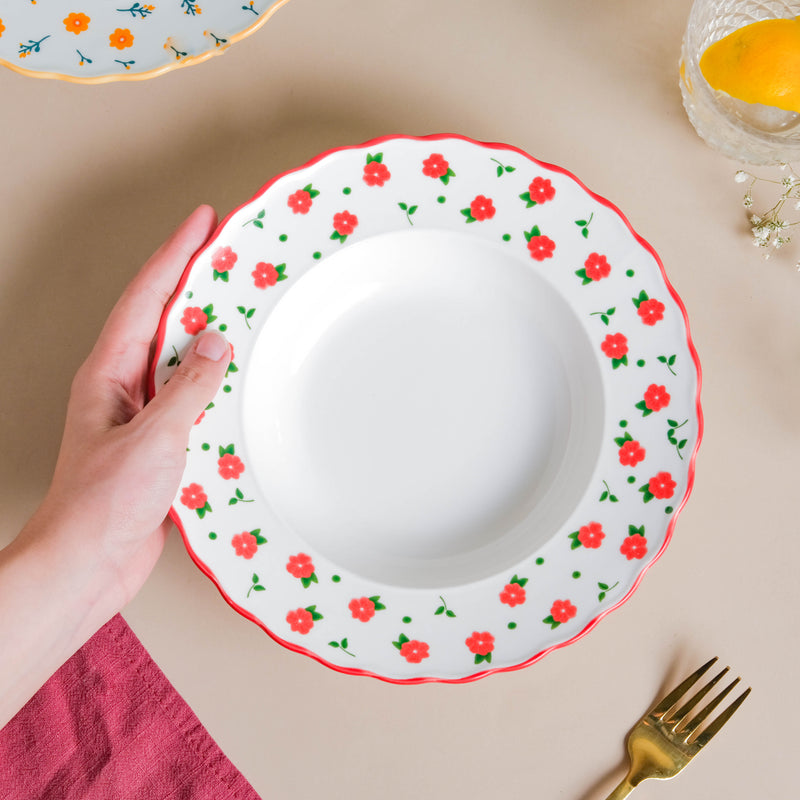 Ziba Floret Pasta Plate Red - Serving plate, pasta plate, lunch plate, deep plate | Plates for dining table & home decor