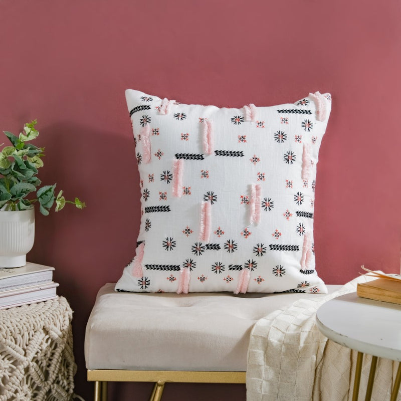 Geometric Florals Cotton Cushion Cover Pink And Grey 16 inch