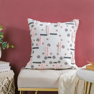 Geometric Florals Cotton Cushion Cover Pink And Grey 16 inch