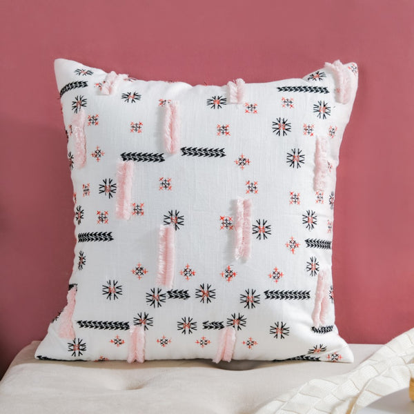 Geometric Florals Cotton Cushion Cover Pink And Grey 16 inch