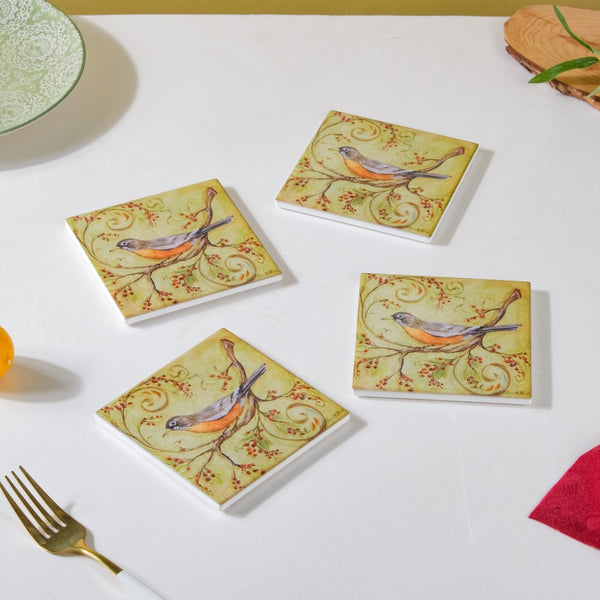 Vintage Robin Bird Coaster With Cork Set Of 4