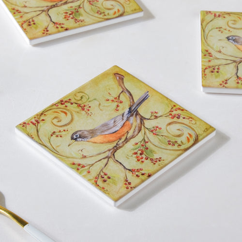 Vintage Robin Bird Coaster With Cork Set Of 4