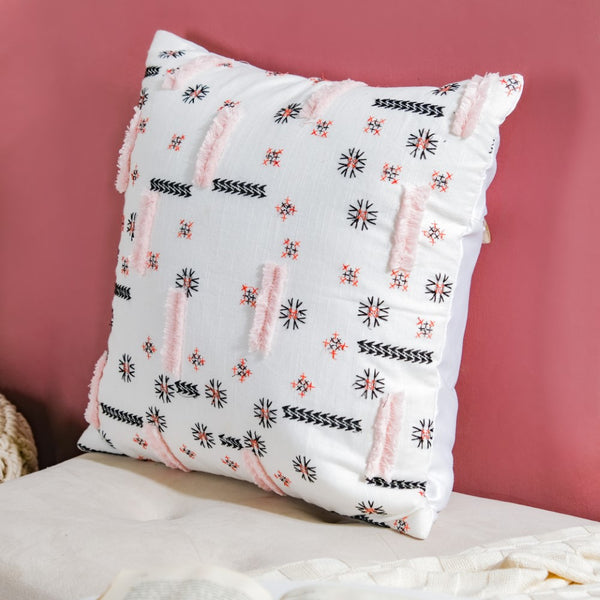 Geometric Florals Cotton Cushion Cover Pink And Grey 16 inch