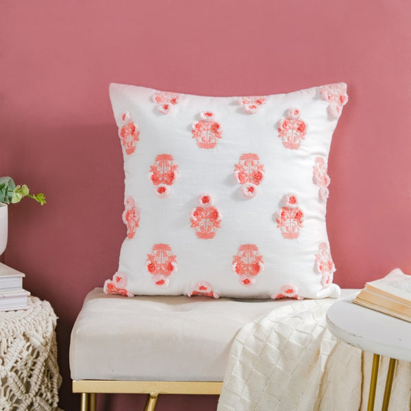 Floral Motif Cotton Cushion Cover Peach 16 inch