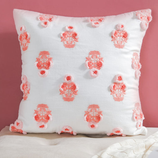 Floral Motif Cotton Cushion Cover Peach 16 inch