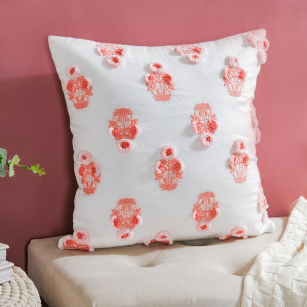 Floral Motif Cotton Cushion Cover Peach 16 inch