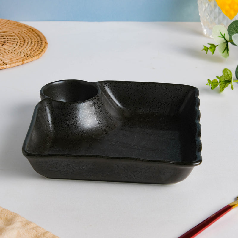 Ebony Black Chip and Dip Plate - Serving plate, snack plate, momo plate, plate with compartment | Plates for dining table & home decor