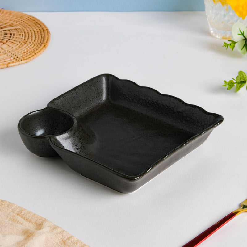 Ebony Black Chip and Dip Plate - Serving plate, snack plate, momo plate, plate with compartment | Plates for dining table & home decor