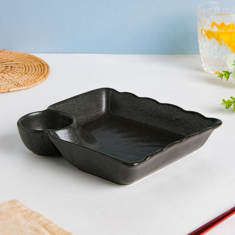 Ebony Black Chip and Dip Plate - Serving plate, snack plate, momo plate, plate with compartment | Plates for dining table & home decor