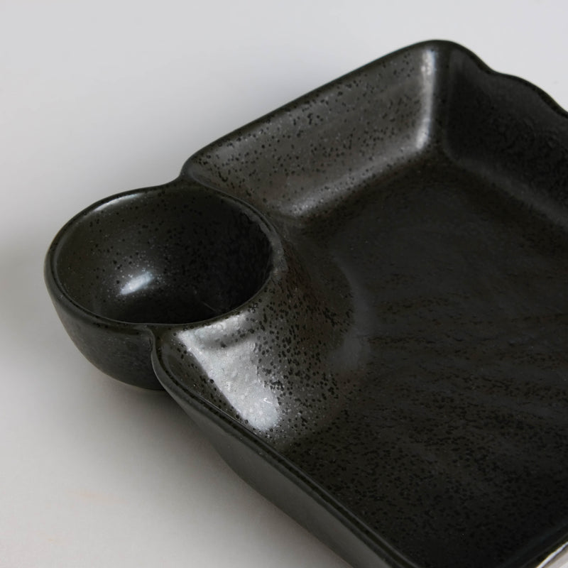 Ebony Black Chip and Dip Plate - Serving plate, snack plate, momo plate, plate with compartment | Plates for dining table & home decor