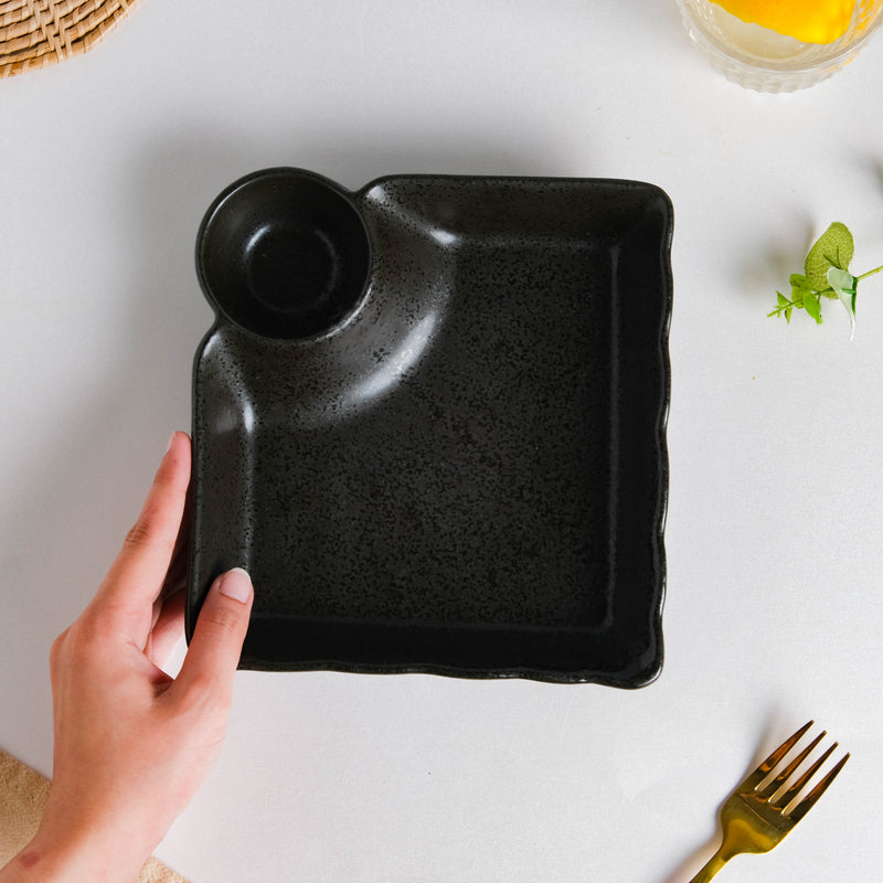 Ebony Black Chip and Dip Plate - Serving plate, snack plate, momo plate, plate with compartment | Plates for dining table & home decor