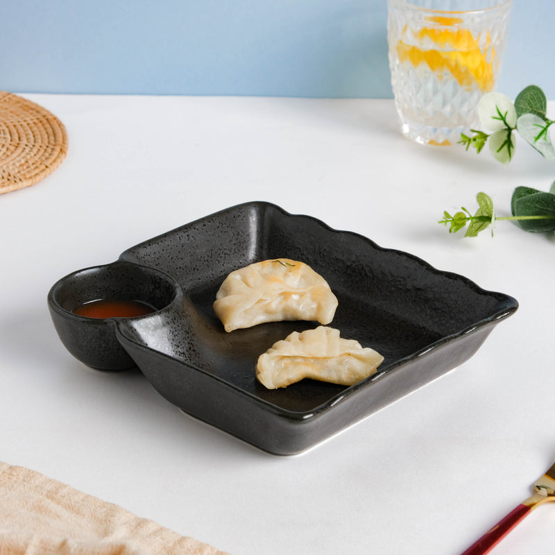 Ebony Black Chip and Dip Plate - Serving plate, snack plate, momo plate, plate with compartment | Plates for dining table & home decor
