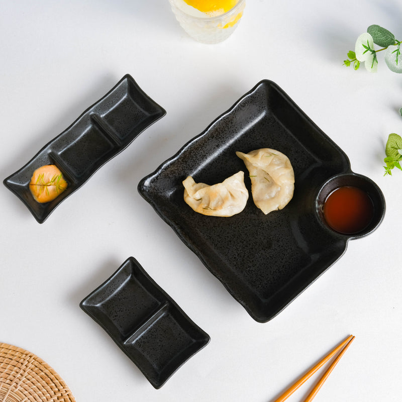 Ebony Black Chip and Dip Plate - Serving plate, snack plate, momo plate, plate with compartment | Plates for dining table & home decor
