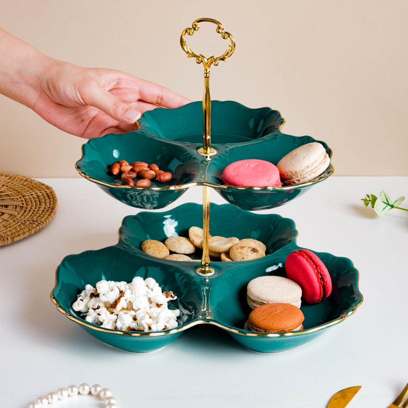 Dessert O' Clock Emerald Two Tier Golden Platter