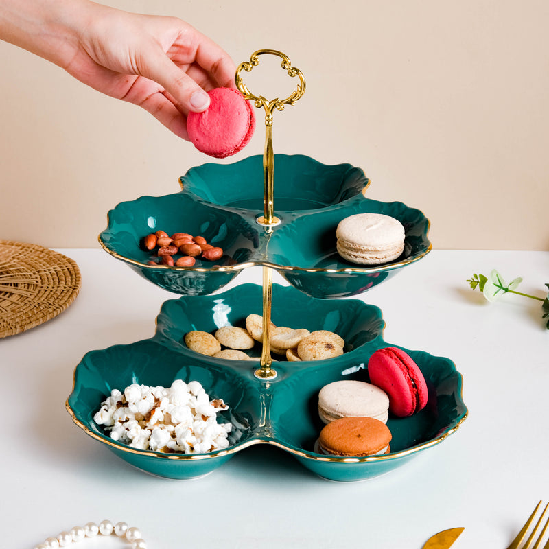 Dessert O' Clock Emerald Two Tier Golden Platter