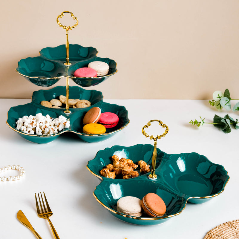 Dessert O' Clock Emerald Two Tier Golden Platter