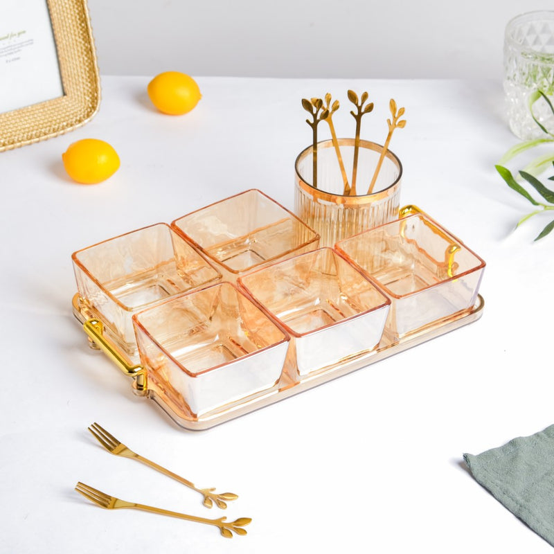 Amber Glassware Set of Bowls Spoons Tumbler - Bowls, small glass bowls, snack serving bowls, section bowls, small serving bowls | Bowls for dining table & home decor