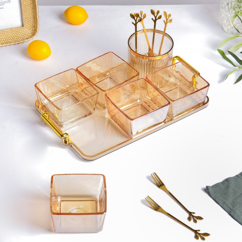 Amber Glassware Set of Bowls Spoons Tumbler - Bowls, small glass bowls, snack serving bowls, section bowls, small serving bowls | Bowls for dining table & home decor