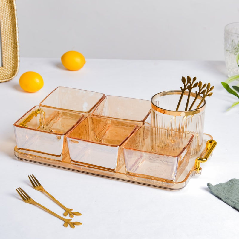 Amber Glassware Set of Bowls Spoons Tumbler - Bowls, small glass bowls, snack serving bowls, section bowls, small serving bowls | Bowls for dining table & home decor