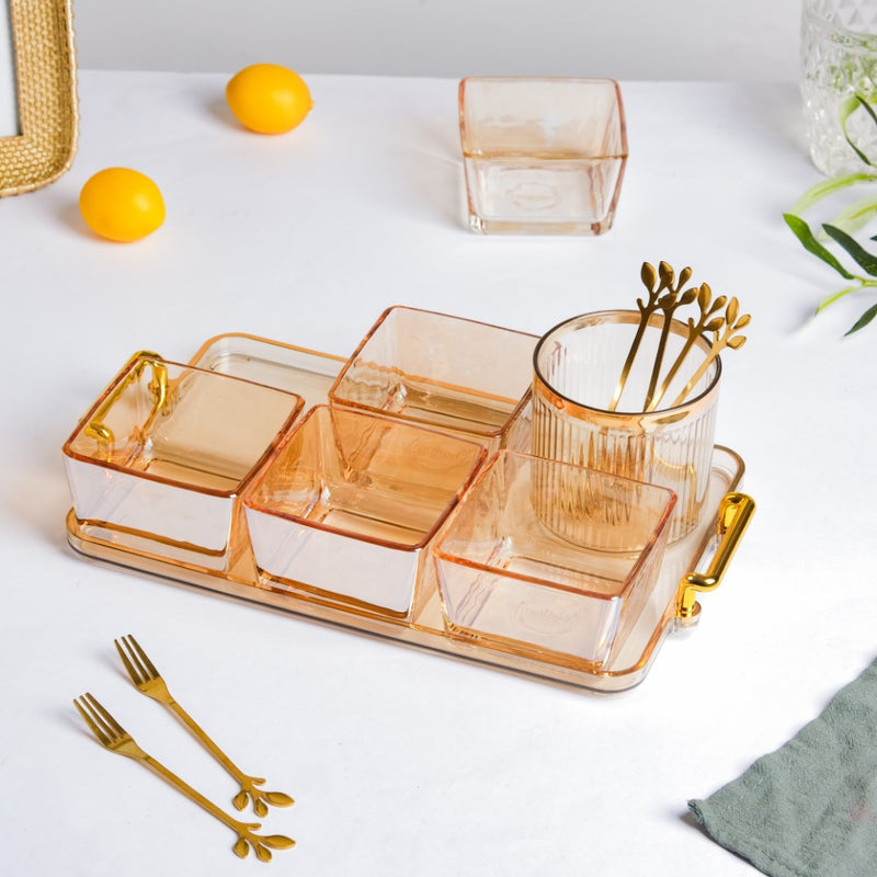 Amber Glassware Set of Bowls Spoons Tumbler - Bowls, small glass bowls, snack serving bowls, section bowls, small serving bowls | Bowls for dining table & home decor