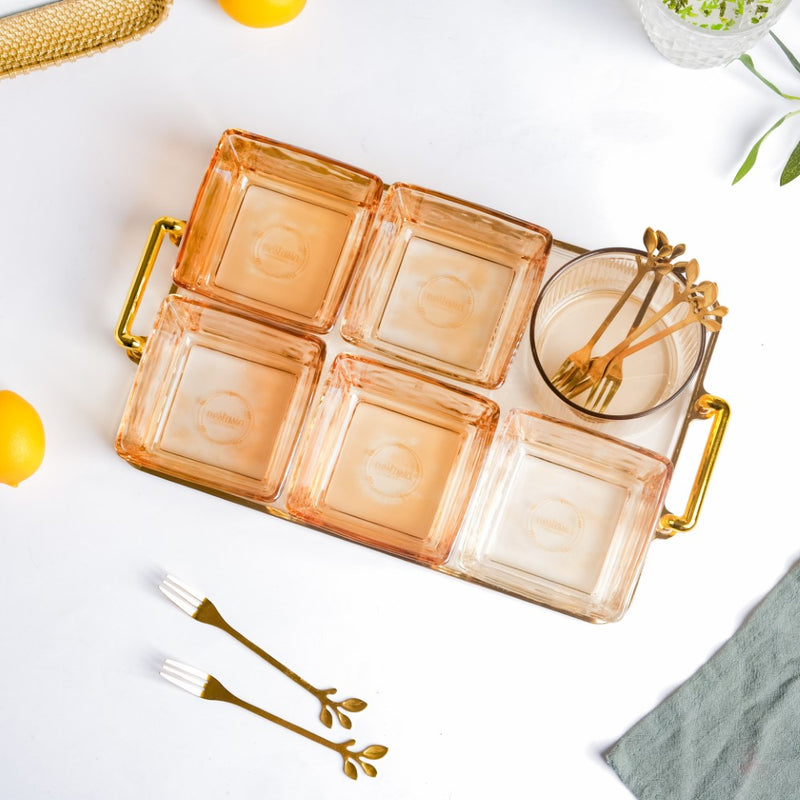 Amber Glassware Set of Bowls Spoons Tumbler - Bowls, small glass bowls, snack serving bowls, section bowls, small serving bowls | Bowls for dining table & home decor