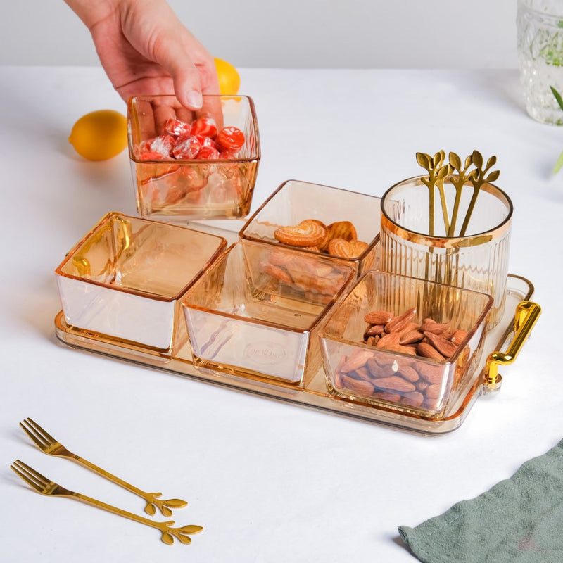 Amber Glassware Set of Bowls Spoons Tumbler - Bowls, small glass bowls, snack serving bowls, section bowls, small serving bowls | Bowls for dining table & home decor