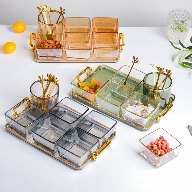 Amber Glassware Set of Bowls Spoons Tumbler - Bowls, small glass bowls, snack serving bowls, section bowls, small serving bowls | Bowls for dining table & home decor