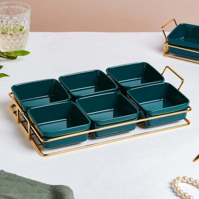 Pine Green Glossy Ceramic Bowls And Tray Set Of 7 200ml - Bowls, serving bowls, snack serving bowls, section bowls, fancy serving bowls, small serving bowls | Bowls for dining table & home decor