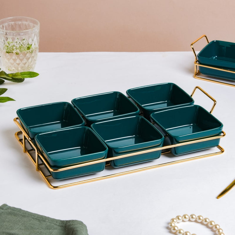 Pine Green Glossy Ceramic Bowls And Tray Set Of 7 200ml - Bowls, serving bowls, snack serving bowls, section bowls, fancy serving bowls, small serving bowls | Bowls for dining table & home decor